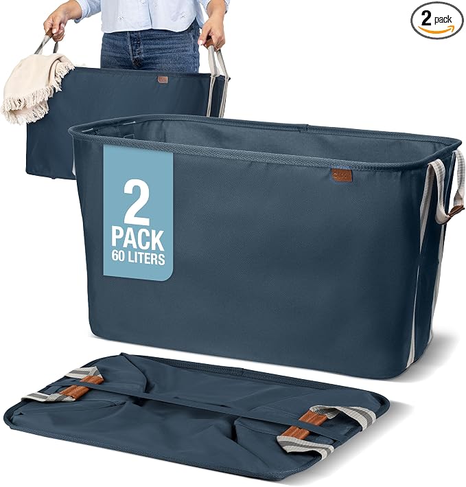 CleverMade Collapsible Laundry Basket LUXE 2 Pack – 60 L (16 Gal) Foldable Cotton Blend Clothes Hamper with Vegan Leather Accents, Reinforced Handles, Space Saving Laundry Bin Holds 55 lbs - Navy by CleverMade