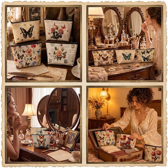 Sweetude 12 Pcs Vintage Butterfly Makeup Bag Bulk Retro Butterfly Flower Travel Cosmetic Bag with Zipper Waterproof Roomy Travel Toiletry Organizer Storage Pouch for Women Butterflies Lover Gift - Image 5