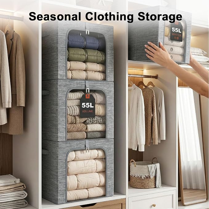 GoMaihe Blanket Storage Bins with Metal Frame, 6-Pack Large Closet Storage Bins with Lid & Clear Window, Comforter Bedding Storage Organizer for Walk-in Closet Cationic Fabric 55L - Image 6