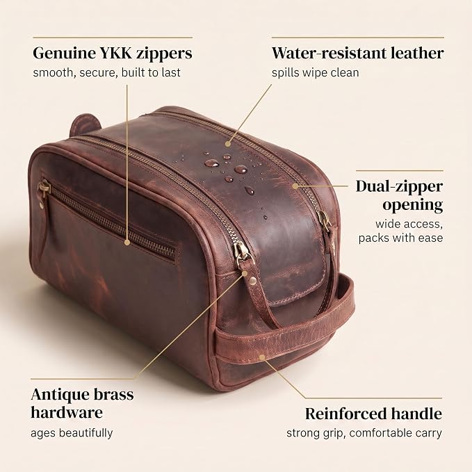 LEATHER VILLAGE Genuine Leather Toiletry Travel Bag With Waterproof Lining - Mulberry Brown | King-Size Handcrafted Vintage Dopp Kit Bag, Shaving & Bathroom Organizer, Gift for Men & Women - Image 3