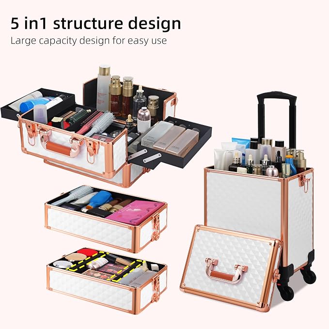 Somduy Rolling Makeup Case, Makeup Train Case with Lid, 5 in 1 Cosmetology Case on Wheels, Christmas Gift, Large Makeup Organizers, Profesional Cosmetic Case for Salon Barber, White Gold - Image 4