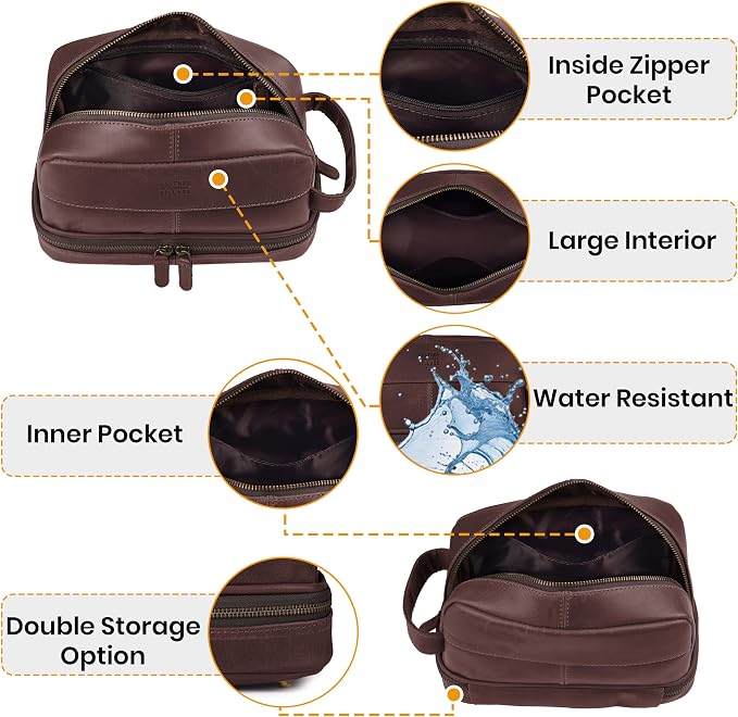 LEATHER VILLAGE Leather Toiletry Travel Bag with Waterproof Lining, Large Capacity Vintage Dopp Kit, 180° Wide Open Shaving & Cosmetic Organizer for Men & Women - Cherry - Image 5