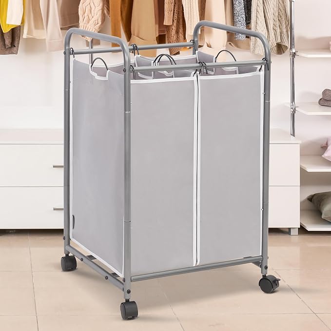 STORAGE MANIAC Laundry Sorter 2 Section, 90 L Gal Laundry Hamper with Wheels, Clothes Basket Separator Sorter, 2 Bag Rolling Cart and Removable Bags for Closet, Dorm, Collage, Grey - Image 2