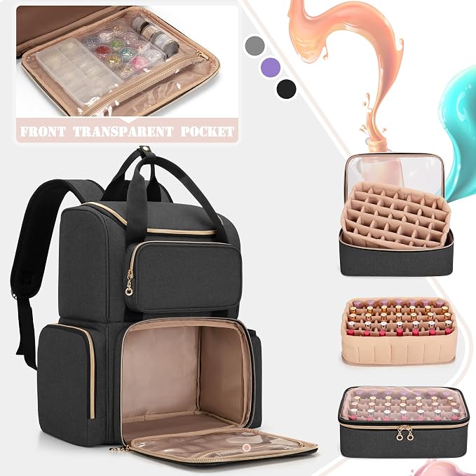LUXJA Nail Polish Organizer Backpack Holds 70 Bottles and a UV Lamp | Travel Nail Bag with 2 Removable Cases, Ample Tools Storage Pockets, Adjustable Shoulder Straps, Trolley Sleeve, Black - Image 3