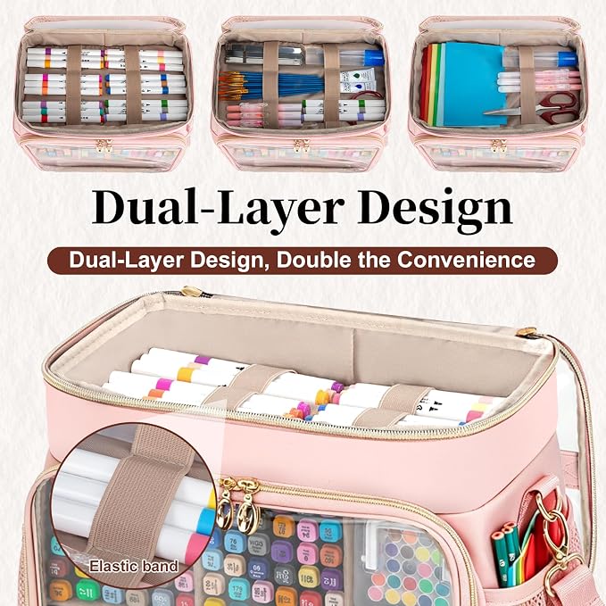 Large Marker Organizer Case for 200-300 Markers, Double-Layer Marker Bag with Removable Dividers, Marker Organizer for Markers, Pencils, Crayons or Other Art Supplies, Pink (Bag Only) - Image 4