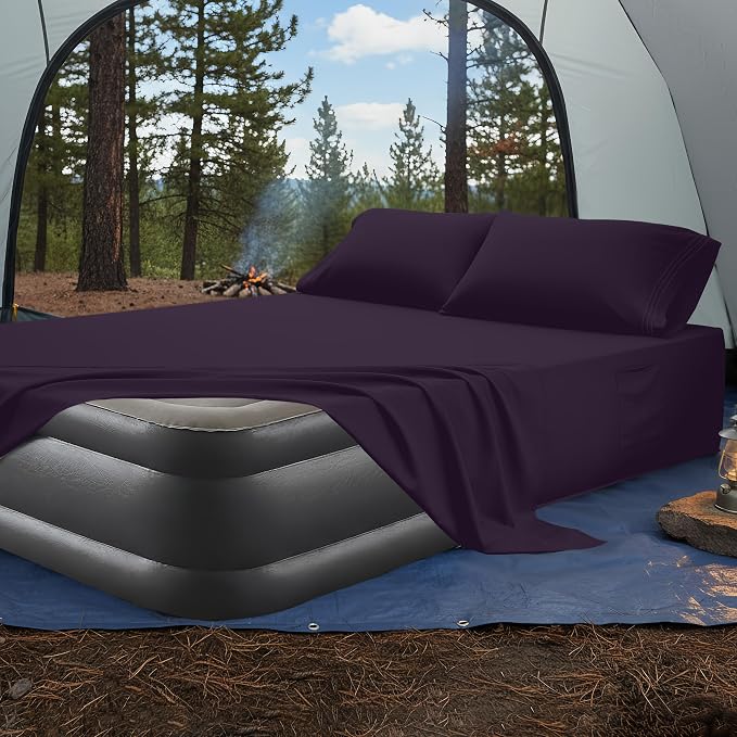 Mocassi 4-Piece Extra Deep Pocket 16-24 Inch Air Mattress Bed Sheet Set- 4PC Sheet Set with Smart Pockets Ideal for Air Beds, RVs, Camping and Guest Rooms Premium Hotel Quality, Full, Purple - Image 4