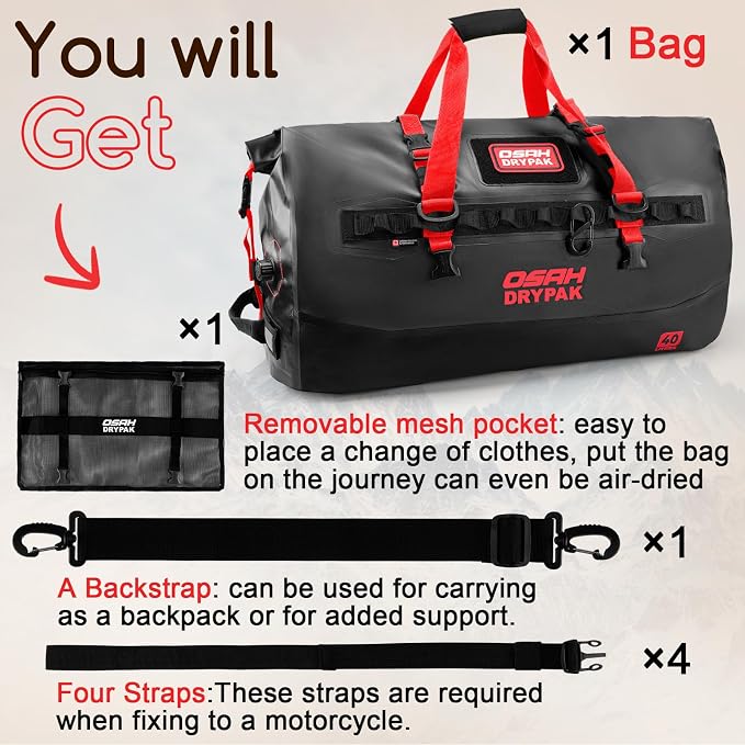 OSAH DRYPAK Waterproof Duffel Bag 25L/40L/60L – Heavy-Duty Motorcycle Tail Bag, Roll-Top Dry Bag for Travel, Camping, Boating, Kayaking, Outdoor Adventure - Image 8