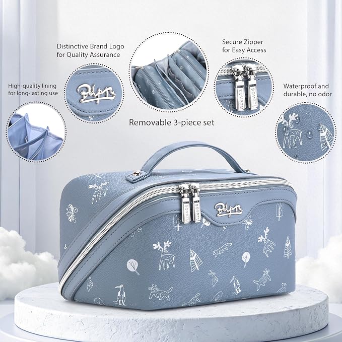 BOYATU Travel Makeup Bag Cosmetic Bags for Women: 3 Pcs Set Portable Make up Bag with Handle - PU Leather Toiletry Bags with Compartments - Makeup Organizer for Travel Essentials(L-2-Blue) - Image 2