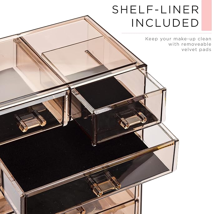 Sorbus Acrylic Makeup Organizer Set, 6-Drawer Vanity & Countertop Cosmetic Storage with Small & Wide Compartments, Bronze Glow Makeup Storage for Brushes, Jewelry – Holiday Gift for Women & Teens - Image 6