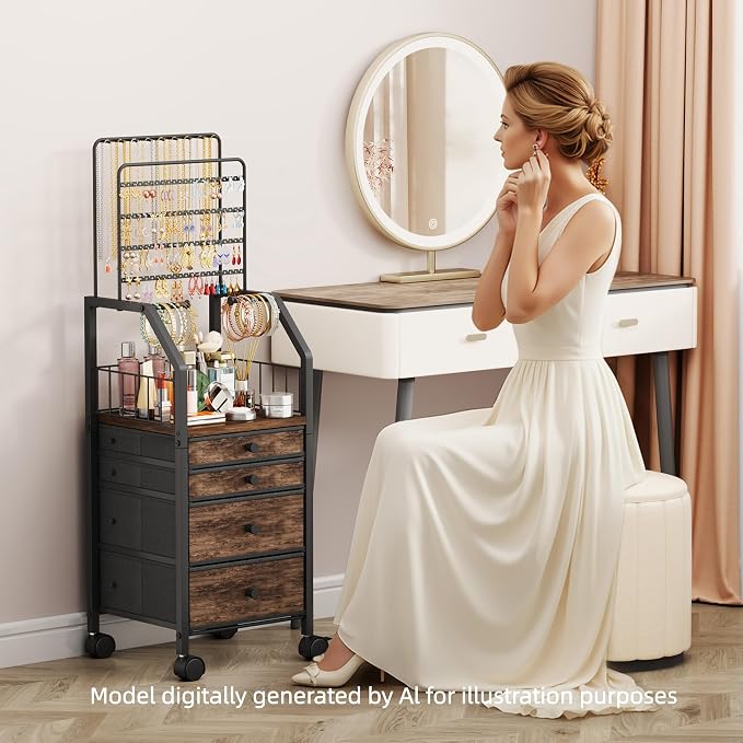 SWTYMIKI Jewelry Organizers and Storage- Multifunctional Stand Jewelry Organizer Cabinet for Necklace, Earring, Ring & Bracelet - Jewelry Box Necklace Holder with 4 Nonwoven Drawers & Wheel Espresso - Image 6