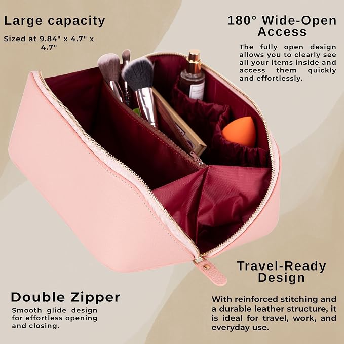 VENOULT Makeup Bag, Spacious Cosmetic Case for Women, Portable 180° Wide-Open Flat Cosmetic Bag, Travel Toiletry Organizer with Handle, Hanmdade, Full Grain Genuine Turkish Leather (Rose) - Image 2