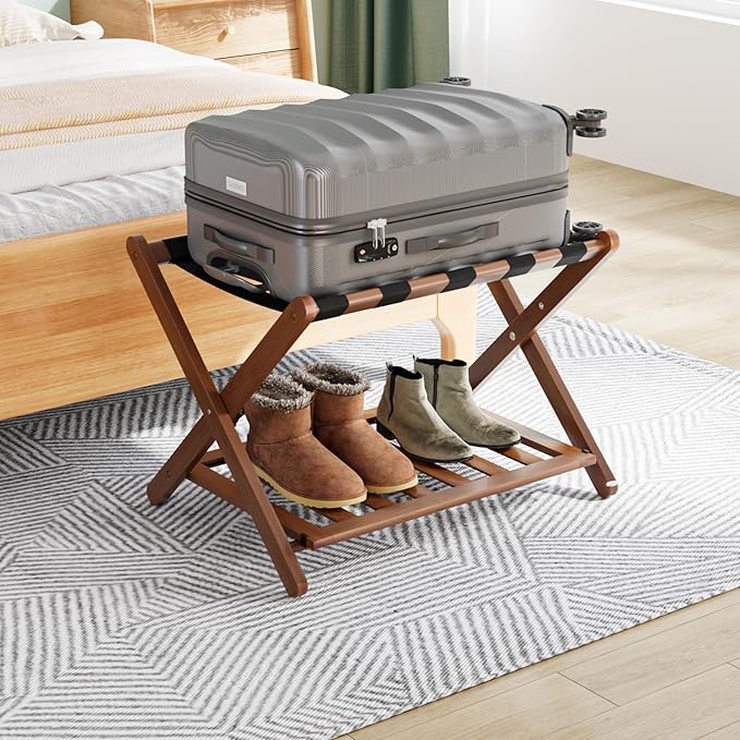 Smuxee Fully Assembled Walnut Luggage Rack, Upgraded Bamboo Foldable Suitcase Stand with 5 Nylon Straps, Luggage Holder with Shelf for Guest Room Bedroom Hotel by Smuxee