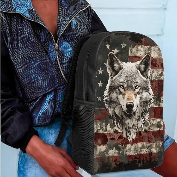 GIFTPUZZ Patriotic Wolf Backpack Set Boys 6-8 | 17 Inch Polyester, Lunch Box, Adjustable Straps, School, Birthday Back to School Gifts for Him - Image 3