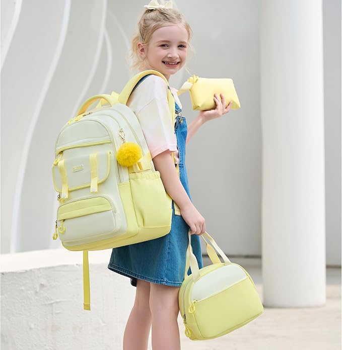 School Backpack for Girls, 3PCS Laptop Backpack 15.6 Inch with Lunch Box Pencil Pouch Set for Kids Teens Elementary Middle High School College Bookbag Student Casual Travel Daypack,Yellow Beige - Image 2