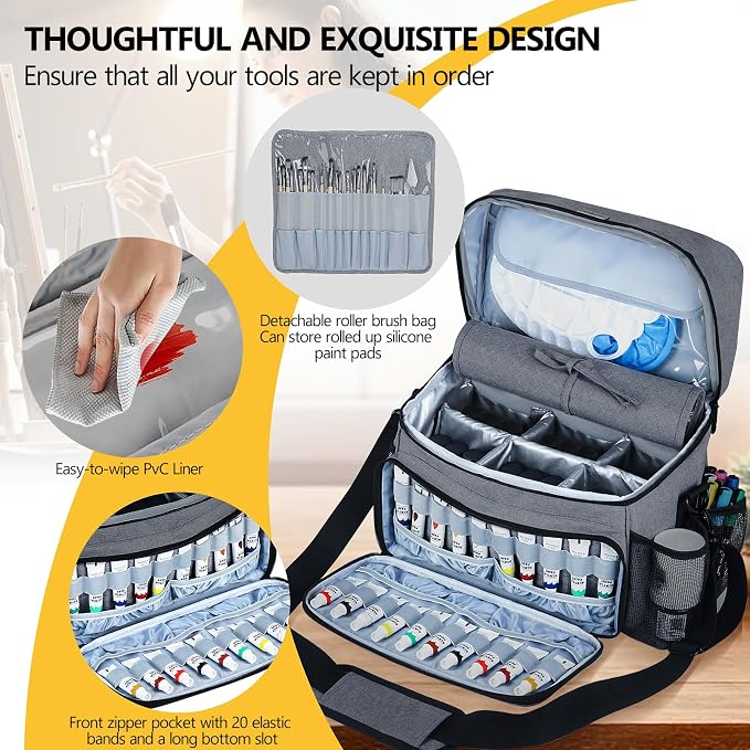 Acrylic Paint and Brush Set Organizer Bag - Carrying Case Compatible with Apple Barrel, Shuttle Art, Caliart Art Supplies - Includes Detachable Paint Brush Holder - for Travel/Outdoor Sketching (Gray) - Image 4