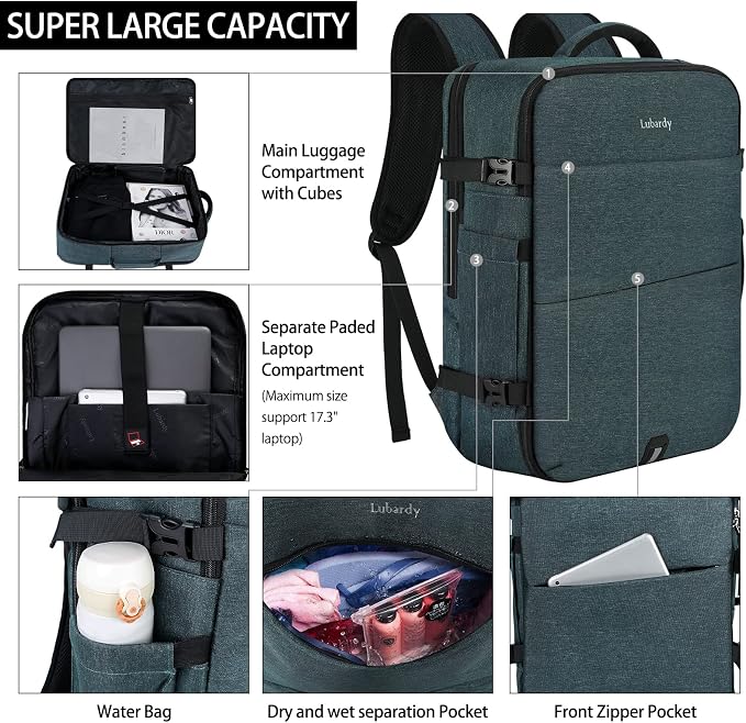 Lubardy Travel Backpack for Men Women 17 Inch Flight Approved Carry on Backpack Waterproof Large 40L Luggage Daypack Business College Weekender Overnight Laptop Backpack with 3 Packing Cubes, Blue - Image 4