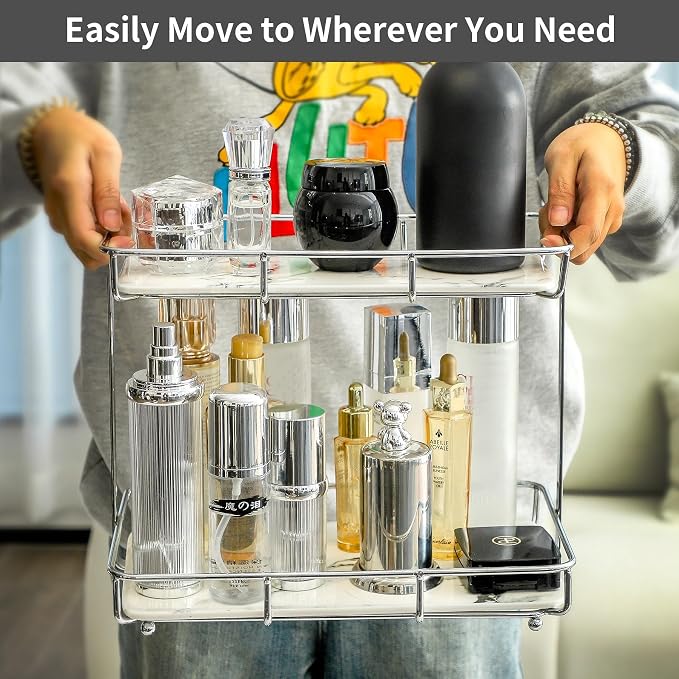 Bathroom Organizer Countertop Perfume Organizer Makeup Organizer Cosmetics Storage Display Rack Vanity Tray Dresser Stainless Steel Gold Shelf White Marble Ceramic Tray (2 Tier L-Sliver) | Perfume Organizer - Image 3