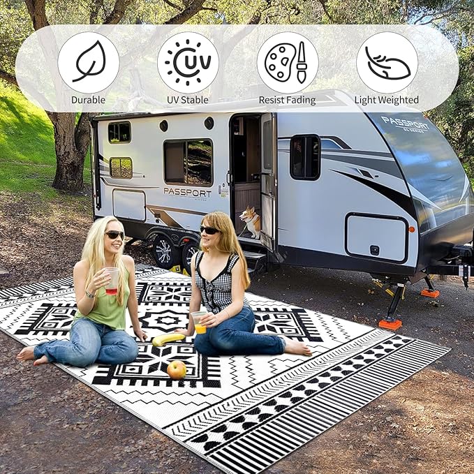 Waterproof Outdoor Rug 5x8ft, Boho Reversible Plastic Straw Mat for Patio RV Deck Porch Backyard Balcony Camping Picnic Beach Indoor Outdoor Carpet, Black&White - Image 5
