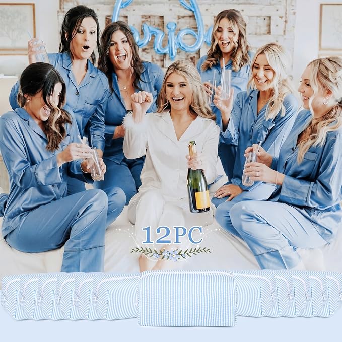 SOIDRAM 12PCS Striped Makeup Bag Preppy Cosmetic Bag Bulk Blue Makeup Pouch Personalize Travel Toiletry Bag Organizer Cute DIY Makeup Brushes Storage Bag for Women - Image 4