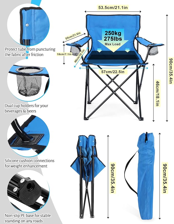 HaSteeL 2PCS Camping Chairs with Detachable Umbrella, Folding Beach Chair for Adults, Large Portable Foldable Chair for Outdoors Fishing Hiking Travel Picnic Lawn, Supports 275lbs, Storage Bags, Blue - Image 2