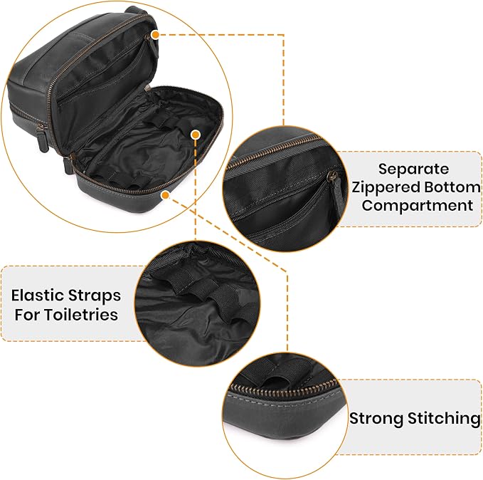 LEATHER VILLAGE Genuine Leather Dopp Kit - Travel Bag with Waterproof Lining, Large Capacity Toiletry Bag, Dual-Zip Design for Men & Women, Shaving & Bathroom Essentials Organizer - Black - Image 4