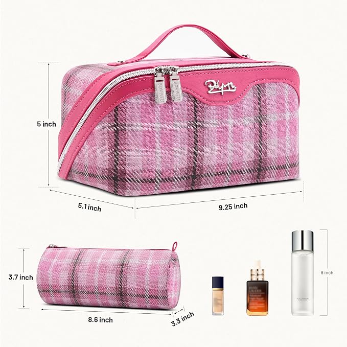 BOYATU Travel Makeup Bag for Women: Scottish Plaid 3 Pcs Set Cosmetic Organizer Bag - 180° Open Large Spacious Holds 50% More Cosmetics - Waterproof Leather Checkered Toiletry Bag (04-Pink) - Image 2