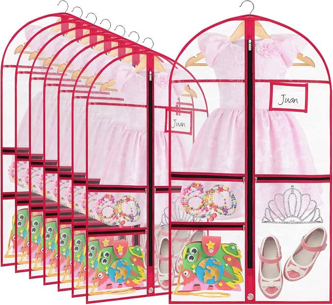 FoldTier 8 Pcs Dance Costume Garment Bag for Dancers 40 Inch Pink Edge Clear PVC Waterproof Garment Bag with 3 Zipper Pockets for Dancers Competitions Hanging Clothes by FoldTier