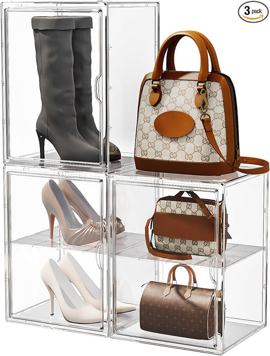 15.75''x11.81''x9.84'' XX-Large Clear Shoe Storage Boxes with Divider, Stackable Plastic Boot Boxes with Magnetic Door, Acrylic display case Box with Lids for Sneaker Purses Handbags Books (3) by IYINIYI
