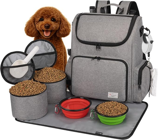 Modoker Multi-Compartment Dog Travel Backpack for Pet Supplies, Grey | Dog Travel Accessories Organizer with 2 Food Bags, 2 Bowls, Quick-Access Pockets, Tissue Opening, Luggage Sleeve, Feeding Mat by Modoker