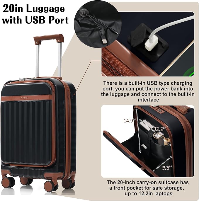 Hardshell Luggage, Lightweight Suitcase with Spinner Wheels, BLACK+USB - Image 5