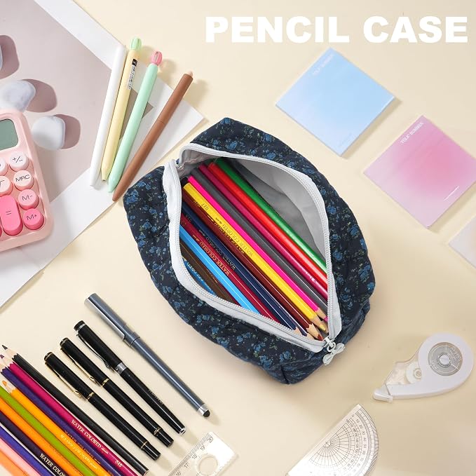 Makeup Bag Travel Toiletry Bag for Women, Small Cosmetic Bags Aesthetic Organizer Quilted Cotton Makeup Pouch&Purse Emergency Bag Floral Pencil Case Accessory Bag, Midnight Blue - Image 6