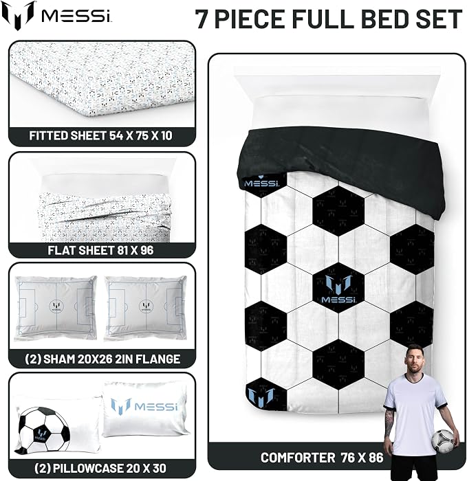 Jay Franco Kids Comforter Set Includes Sheets and Pillow Cover - Soft and Cozy Bed Set for Stylish Room Décor, White - Messi, 7 Piece Full - Image 3