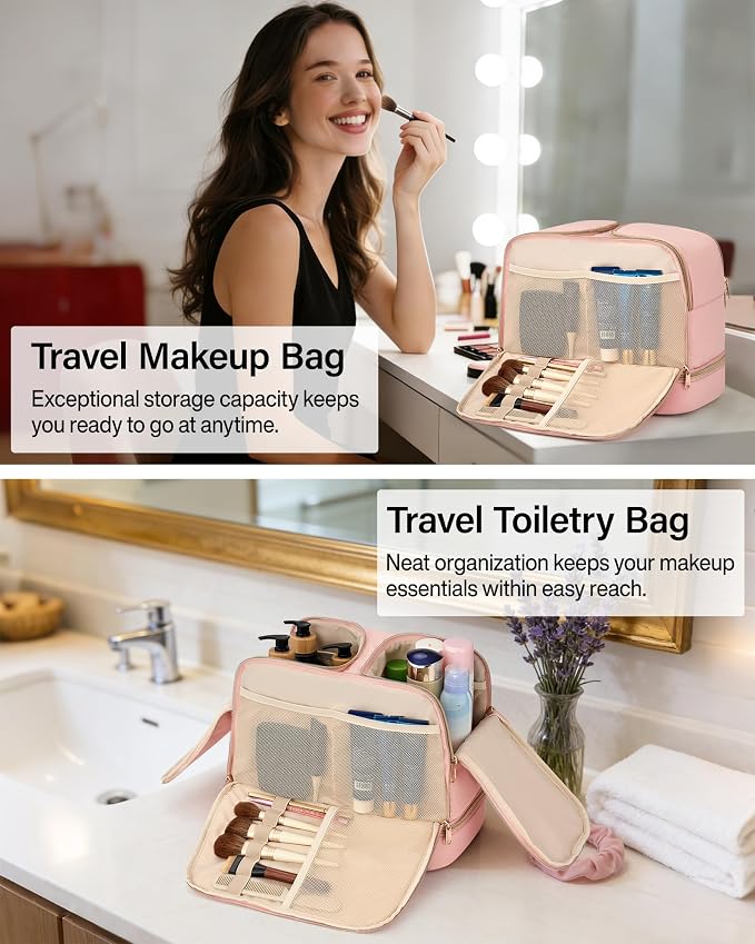 Hanke Travel Toiletry Bag, Lightweight Wide-open Large Toiletry Bags for Women, Dual-Layer Makeup Bag Water-Resistant Cosmetic Travel Bag with Handle for Accessories, Essentials, Pink - Image 9