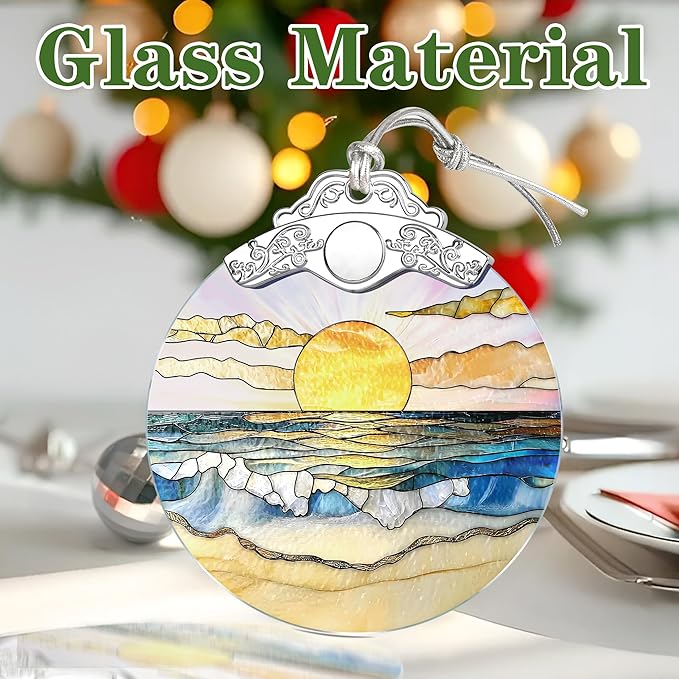 Beach Sunset Stained Glass Ornament, Christmas Ornament – Christmas Tree Decor, Holiday Decoration, Stocking Stuffer, Festive Gift Idea, Gifts for Ocean Lover, Nature Lover, Friend, and Family