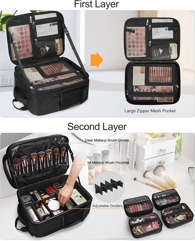 TANTO Makeup Backpack Extra Large Cosmetic Bags Professional Makeup Artist Bag Travel Train Case Storage Organizer Double-Layer Cosmetic Case with 4 Pouch and Brush Organizer - Image 2