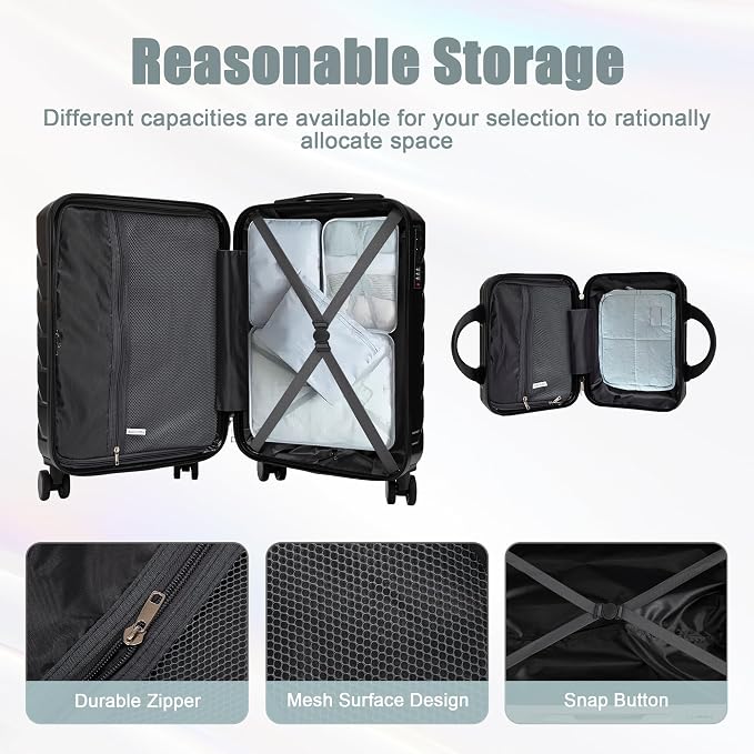 Gradient Color Suitcase 2-Piece Set, 20" Rotating Wheel Suitcase with 14" Cosmetic Case, Lightweight Durable Hardshell Luggage with 360° Spinner Wheels for Travel, Women & Girls (Black-1) - Image 7