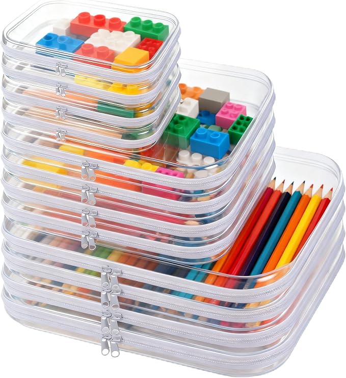12 Pack Clear Hard Shell Zipper Case Bulk(4 Large 4 Small & 4 Medium), Hard Plastic Makeup Cases Pencil Case Organizer Pouches for Travel (4L+4M+4S) by Home