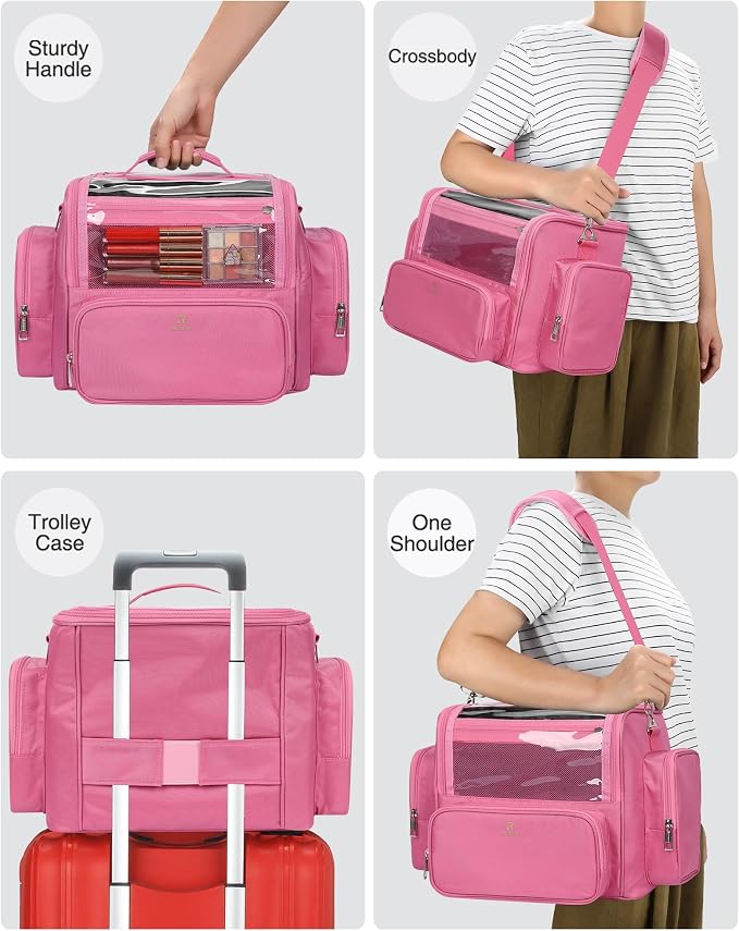 NAONAYA Pink Makeup Brush Bag, Clear Makeup Brush Holder with Lid, Extra Large Capacity Travel Cosmetic Bag Makeup Artist Must Haves,Make Up Organizers and Storage, with Adjustable Dividers - Image 6