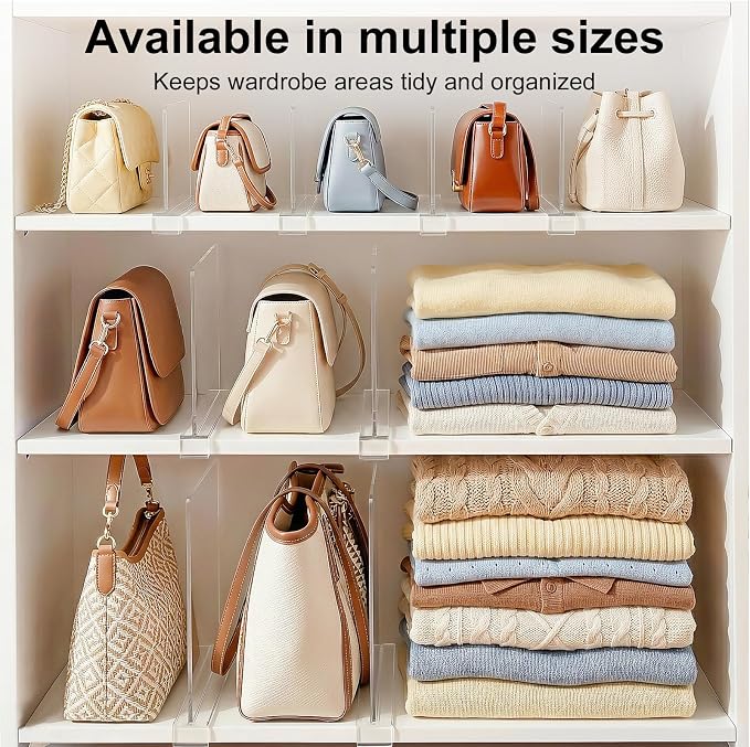 Purse Organizer for Closet Shelf Dividers: 6-inch Tall(Shorter Version) Adjustable Clear Acrylic Bag Storage Organizer for Handbags, Sweaters, Towels, Jeans and Shoes on Wood Shelves 6-Pack - Image 5