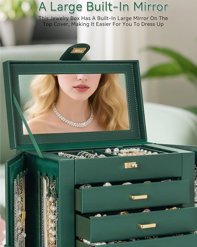 AKOZLIN 6-Tier Jewelry Box Organizer Functional 5 Drawers Leather Jewelry Storage Case for Women Girls Ring Necklace Earring Bracelet Holder Organizer with Mirror XL Green 360° Rotating - Image 4