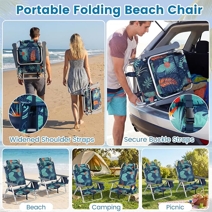 Giantex Folding Beach Chair, Patio Sling Chairs with 5 Adjustable Position, Head Pillow, Storage Bag, Towel Bar, Cup Holders, Backpack Chairs for Sunbathing, Camping Chair - Image 5