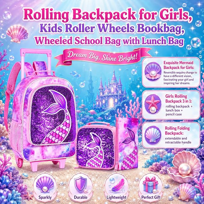 AGSDON 3PCS Rolling Backpack for Girls Boys, Kids Roller Wheels Bookbag, Wheeled School Bag with Lunch Bag - Image 7