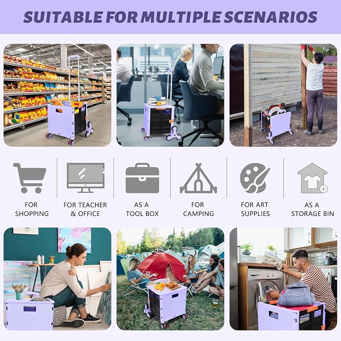 FELICON SELORSS Folding Utility Climber Cart Portable Rolling Crate-Purple | Stair Climbing Wheels+360°Swivel Wheels,Telescoping Handle,Plastic Box Dolly for Travel Shop Move Laundry Office Teacher Use - Image 5