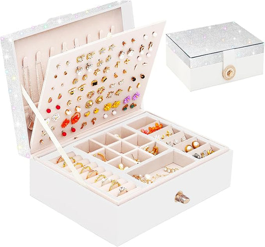QBestry Jewelry Box for Earrings, Teen Girls Jewelry Organizer Box Earring Holder Organizer for Girls Jewelry Box Stud Earring Organizers for Girls Earrings Jewelry Boxes for Women Bling by QBestry