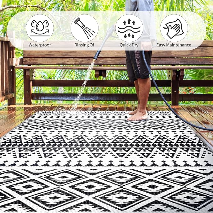Waterproof Outdoor Rug 5x8ft, Bohemia Reversible Plastic Straw Mat for Patio RV Deck Porch Backyard Balcony Camping Picnic Beach Indoor Outdoor Carpet, Black&White - Image 3