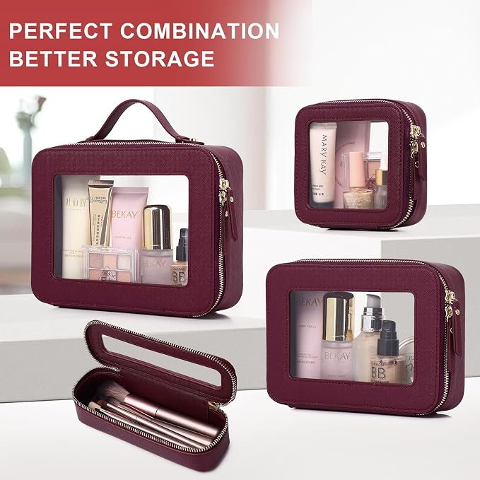 Pinkmik Clear Makeup Bag for Women Waterproof Travel Cosmetics and Toiletries Case Portable Makeup Oaganizer Bag Clear Car Bag with Zipper (X/Burgundy, M) - Image 5