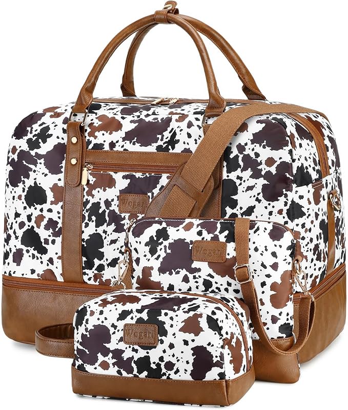 Wogarl 3PCS Weekender Bags for Women Large Overnight Bag Weekend Travel Duffel Bag Carry on Shoulder with Shoe Compartment Toiletry Bag Satchel Bag for Travel Business Gym,Brown Cow by Wogarl