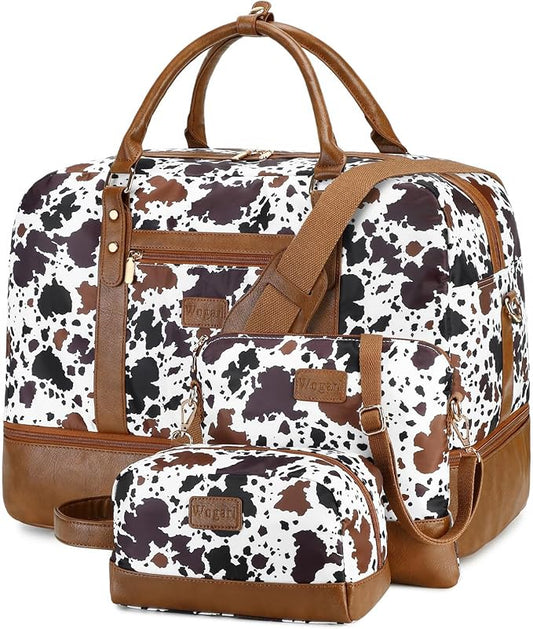 Wogarl 3PCS Weekender Bags for Women Large Overnight Bag Weekend Travel Duffel Bag Carry on Shoulder with Shoe Compartment Toiletry Bag Satchel Bag for Travel Business Gym,Brown Cow by Wogarl