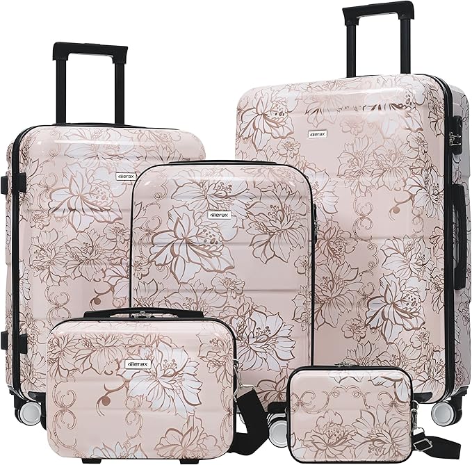 Merax 5 Piece Luggage Set with Spinner Wheels, Light Suitcase 8/14/20/24/28 | Durable Carry on Luggage with Handbag and Cosmetic Case Suitable all Ages,Pink Flower by Merax