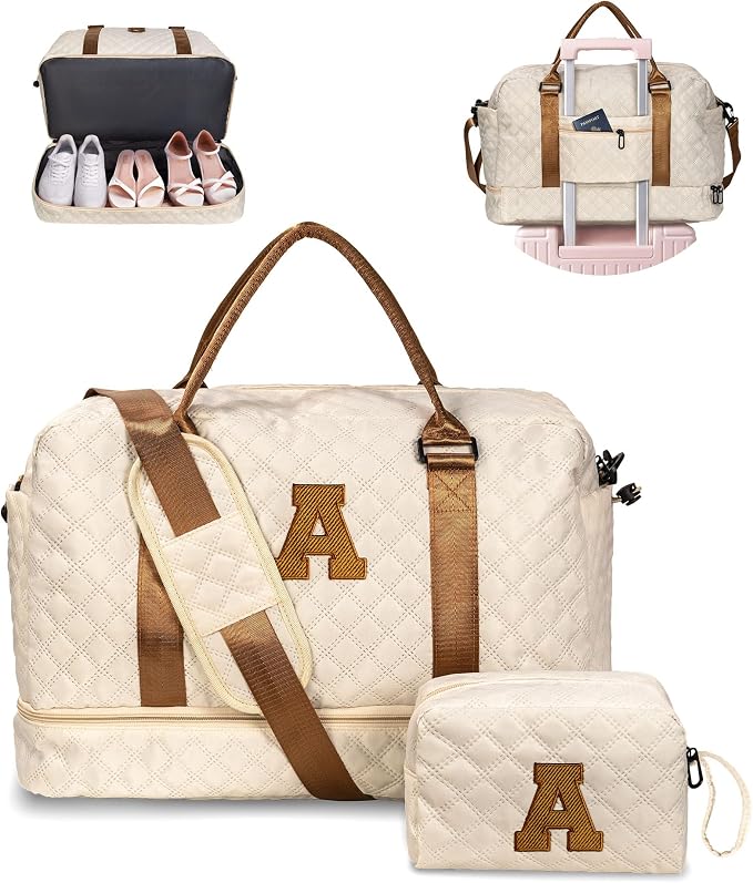 Girl Gift-Women Birthday Gifts-Gifts for Teenage Girls-Personalized Duffle Bag with Shoe Compartment, Kids Overnight Bag,Travel Weekend Bag, Gift for Women Friend Niece Sister (Letter A) by Vogewood